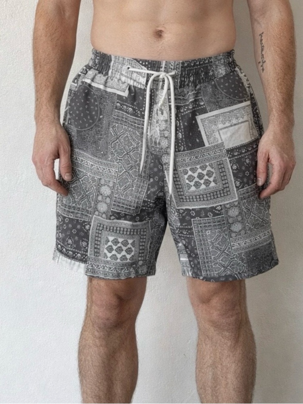Men's Grey Bandana-Print Swim Trunks with Drawstring